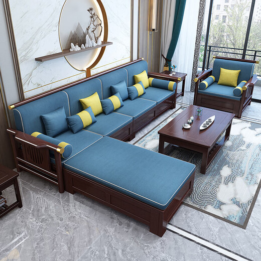 Wenting Yayuan Solid Wood Sofa Living Room New Chinese Style Black Gold Wood Storage Guifei Fabric Combination Light Luxury Small Apartment Furniture 9901 1+1+3+ Drawer Coffee Table [Storage Model] Cat Scratch Leather Cover