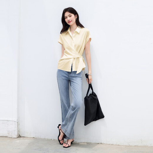 Eifli (Eifini) Eifli Little Flying Sleeve Wrap Wickile Casual Shirt für Frauen 2025 Sommer-Manschetten-Flip-Top für Frauen Sonnenschein gelb S 80-105jin [Jin gleich 0,5 kg]