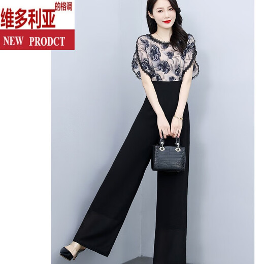 维多利亚的格调2025年夏季新品拼接连体裤高腰时尚气质修身长款高端缎面阔腿裤女 黑色 S