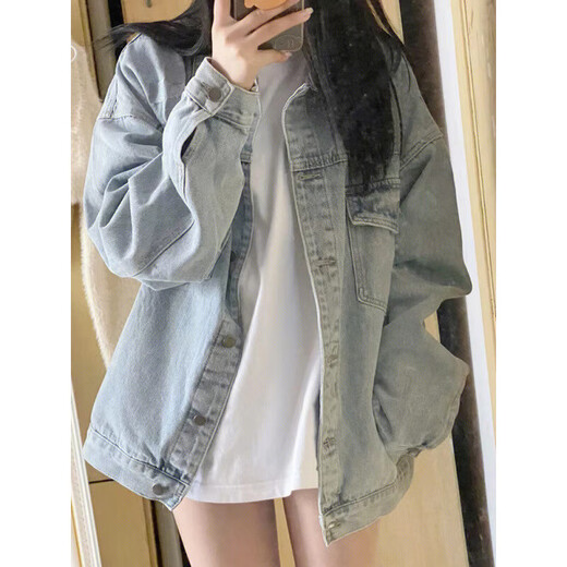
GTYUWVG denim jacket female student Korean style loose casual denim clothes versatile niche large size women's light blue jacket 9926# blue L [Suggested 116-130Jin [Jin equals 0.5 kg]]