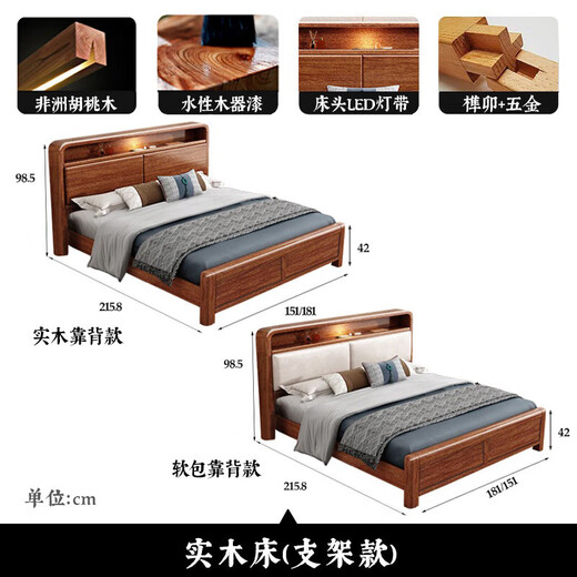 Small wooden nest (XIAOMUWO) solid wood bed modern Chinese style solid wood bed double bed economical single bed soft backrest simple wooden bed master bed bed bracket structure 1500*2000 solid wood backrest (walnut color)