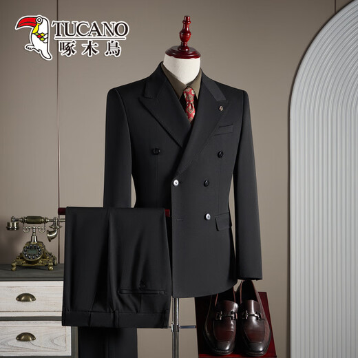 Woodpecker double-breasted wool suit men's suit business formal high-quality slim large size groom's wedding suit three-piece black suit + trousers XL (125-140Jin Jin equals 0.5 kg)