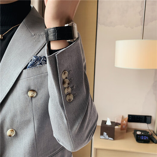 Jason's casual suit men's slim British double-breasted suit suit men's business professional formal groom's wedding dress blue (suit + pants) XL