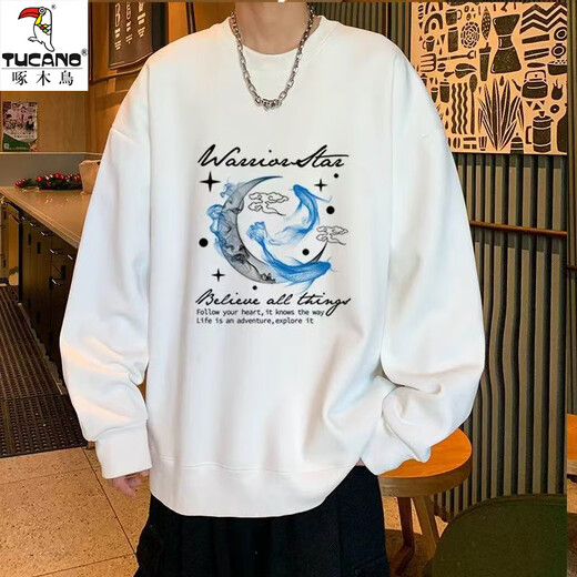 Woodpecker sweatshirt men's autumn and winter loose casual bottoming shirt T-shirt youth trendy brand sports large size long-sleeved T-shirt clothing Carp and Moon Black XL