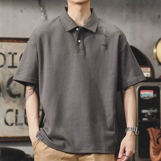UKUHPK Japanisches Revers-Polo-Hemd kurzärmelig für Männer, vielseitiger, vielseitiger Baumwoll-T-Shirt, Sommer Lose-Hals-Top-Trend G691 Black + Grey M [Vorgeschlagen 90-110jin [Jin ist gleich 0,5 kg]]