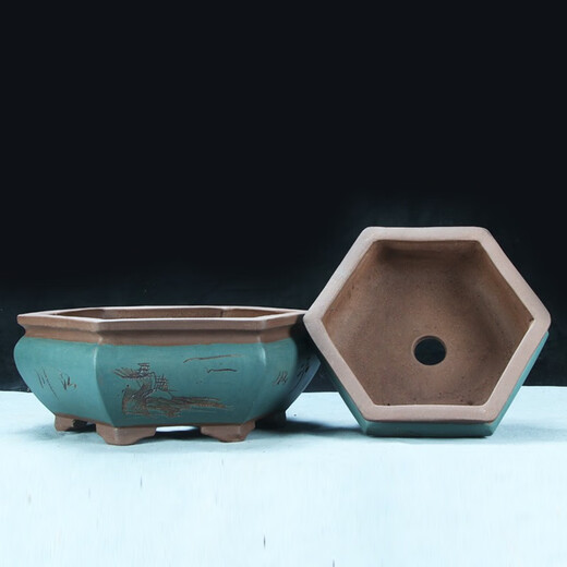 
Six-party engraved purple clay flower pot breathable green plants flowers and ceramic potted large diameter hexagonal bonsai pot 693 small red