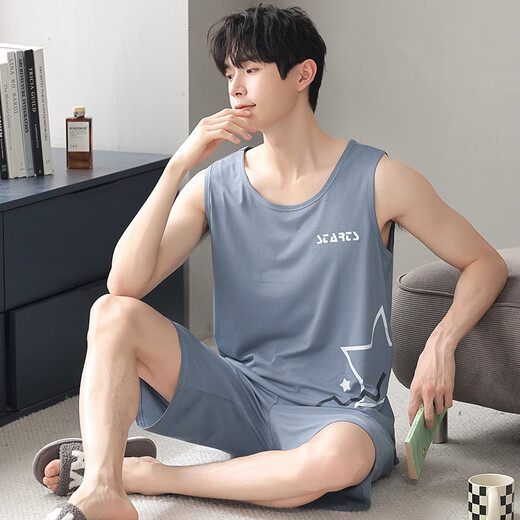 维多利亚的格调男士夏季莫代尔背心睡衣套装无袖短裤休闲宽松短袖外穿家居服 9207【背心+短裤】 L 码建议100-120斤