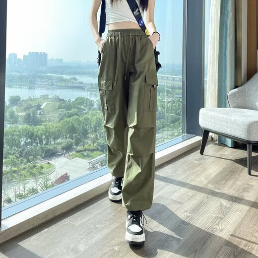 Lässige einfache Dopamin-Verschleiß-Arbeitshose für Frauen im Frühling und im Sommer Drawess Hip-Hop Dünne Drop-Feel Weitbein-Bodenhose My-689 Black XL