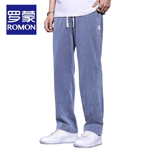 罗蒙（ROMON）夏季薄款天丝牛仔裤男士宽松直筒休闲阔腿裤男冰丝长裤子 连帽1048黑色-HJ连 帽 M