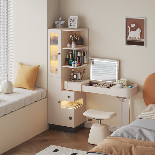 Tinymiya bookcase and dresser integrated small apartment modern minimalist bedside storage cabinet safe retractable flip top makeup table 40cm high cabinet left opening + lift stool hollow in the middle - reserved socket