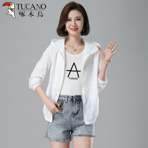 Woodpecker sunscreen clothes for women 2025 summer new breathable hooded thin coat mother suit long sleeve Korean style trendy white thin thin M