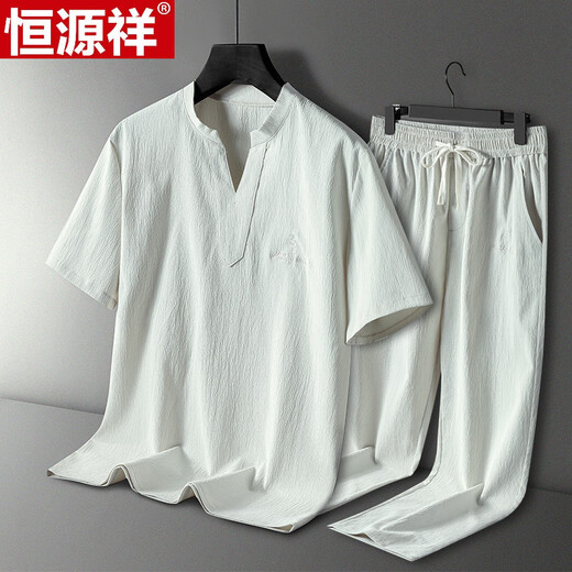 Hengyuanxiang Pajamas Мужская летняя шелковая шелковая шелковая брюки с короткими рукавами Тонкий летний прохладный мужской стиль крупного размера для костюма для домашней одежды на открытом воздухе 9906 серо-голубой [шорты с короткими рукавами] L [85-105Jin [Jin равен 0,5 кг]]