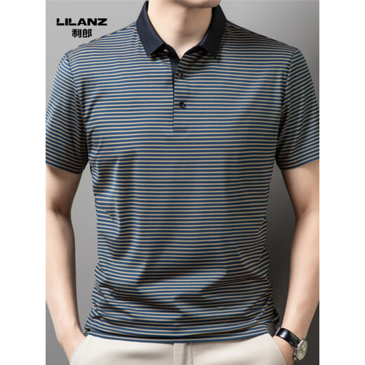T-shirt à manches courtes de Lilang Men's Summer Summer Striped Young and Middle-Agef Casual Polo Contrac