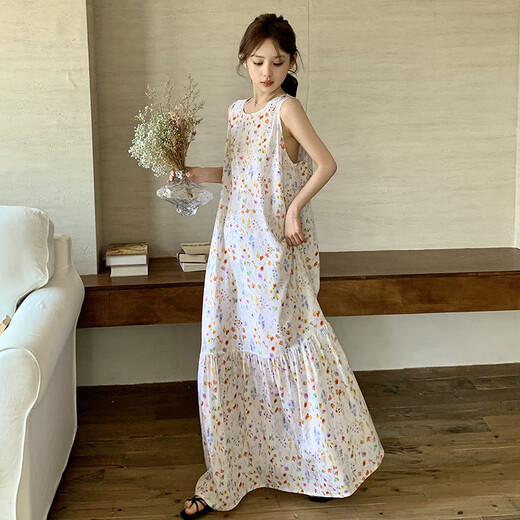 Catman (MiiOW) sleeveless nightgown for women 2025 new pure cotton silk summer vest lengthened to ankle long skirt sexy home skirt 8002 vest skirt graffiti average size T-skirt length 13590-150Jin [Jin equals 0.5 kg]