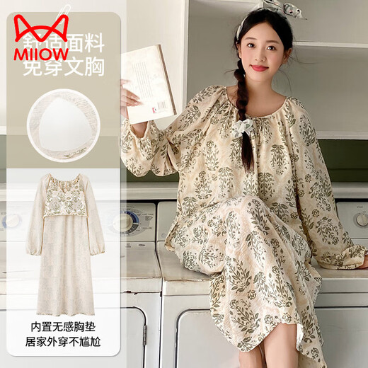 Catman Miiow Nachthemd Frauen langärmelte Frühlings- und Herbststil mit Brustpolstern integrierte Prinzessinstil süßer loser Pyjamas Baumwolle Langer Rock weich 13068 [mit Brustpolstern ohne BH] M [80-100jin [Jin gleich 0,5 kg]]