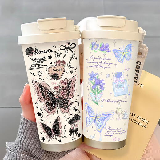 膳魔师（THERMOS）简约蝴蝶保温杯不锈钢便携双饮咖啡杯2025新款女吸管水杯子高颜值 BW1048蔚蓝蝴蝶+配挂绳 陶瓷内胆