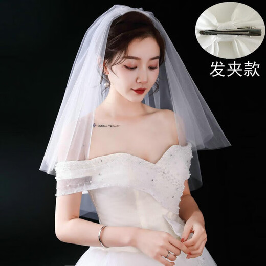 嘉宴新款韩式小头纱领证拍照头纱新娘结婚配饰影楼写真头纱多层蓬蓬款 Y款小短纱白色发夹款 60cm-80cm