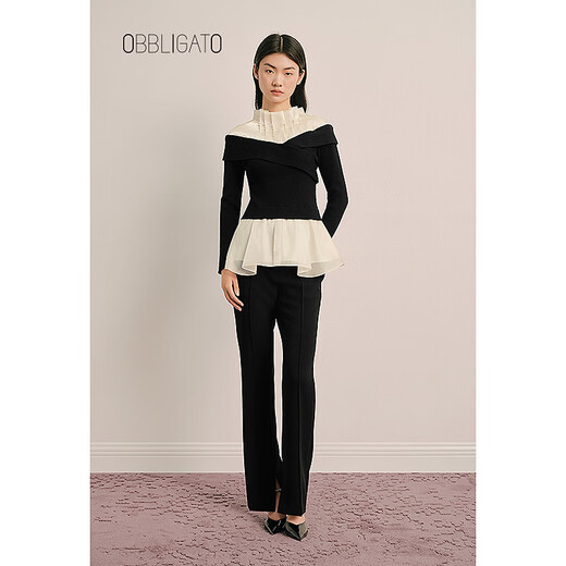 OBBLIGATO Origato spring pleated stand-up collar beaded contrast patchwork sweater black sweater L