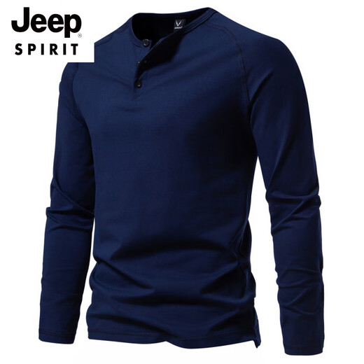 JEEP SPIRIT brand autumn men's pure cotton Henry collar long-sleeved T-shirt youth European and American simple stretch solid color versatile bottoming shirt Navy XL (125Jin Jin is equal to 0.5kg -140Jin Jin is equal to 0.5kg)