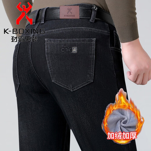劲霸男装（K-Boxing）冬季加绒加厚款牛仔裤男中年直筒休闲冬裤保暖冬季男裤子外穿 nqrt6227-黑色  加绒 29 2尺2腰围