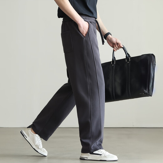Kuraishi Kazuki Japanese style pleated drawstring solid color sports casual pants men's trousers 2025 autumn new commuter loose straight sweatpants Paris gray plus velvet style XL (recommended 141-155 Jin Jin equals 0.5 kg)