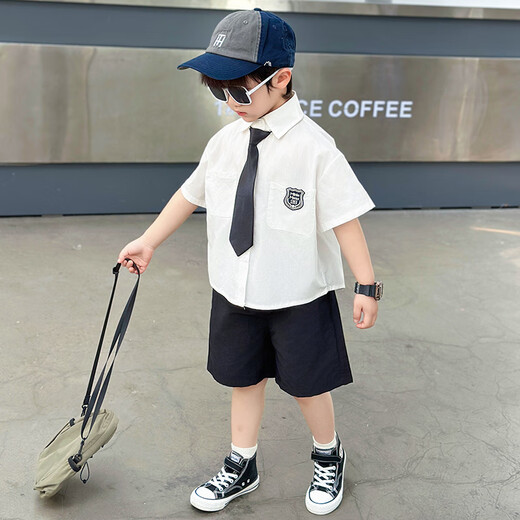 G.DUCKKIDS小黄鸭男童套装夏季学院风儿童西装演出服男孩白衬衫黑裤子两件套 白色衬衫+黑色裤子+领带 130 建议7~8岁【120-130cm】cm