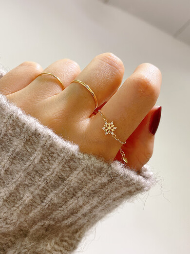 CAOX Korean 14K gold ring for women, fashionable and simple zircon snowflake gold telescopic adjustable ring for women