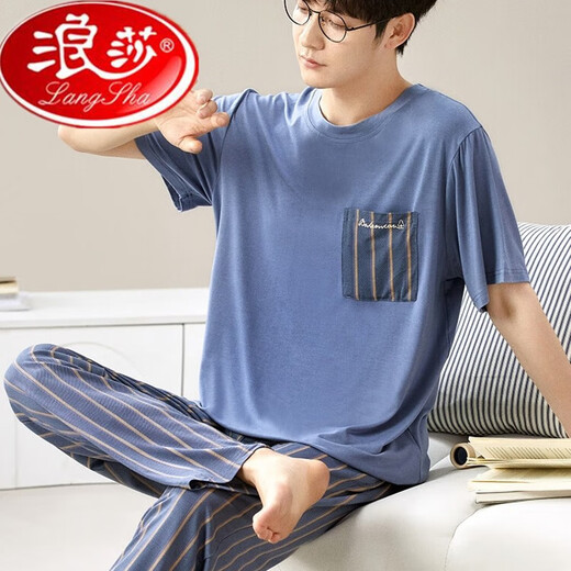 Langsha Modal Men's Pyjamas Summer 2024 Nouveau vêtements de maison en soie à manches courtes de grande taille pour usure d'extérieur Ensemble 6624 L Taille égale