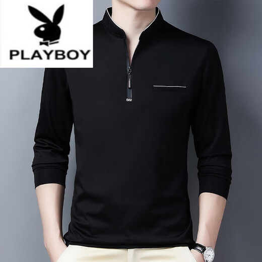 Playboy (PLAYBOY) pure cotton long-sleeved T-shirt men's casual thin T-shirt top summer spring autumn winter middle-aged men's stand-up collar bottoming long-sleeved 6625 dark blue thin section L 170 recommended 120-140 Jin Jin equals 0.5 kg
