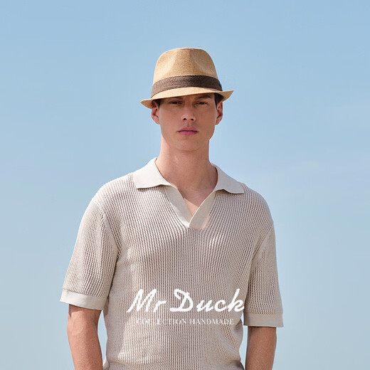 Mr DUCK高档男士帽子 英伦绅士帽卷边小礼帽爵士帽 夏天防晒草帽大小头围 MS13014-棕色 (可调节帽围） M (适合56-58cm头围)
