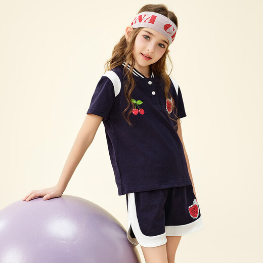 KT girls summer new style casual middle and large children's sports two-piece suit navy blue 753 110 110 size