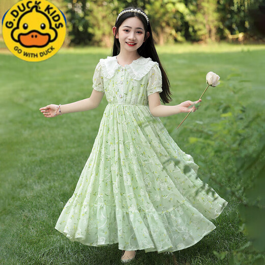 G.DUCKKIDS女童连衣裙夏装2025新款女孩夏季长款沙滩裙儿童洋气碎花雪纺裙子 XY-6630【绿色】  120 cm