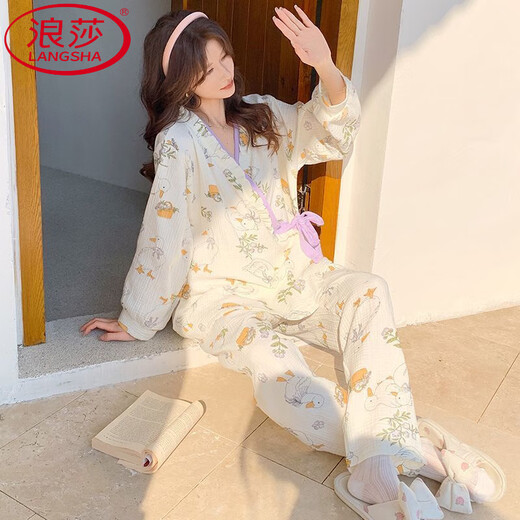Langsha-Begrenzungsbekleidung Frühling, Herbst und Sommer nach der Geburt dünne reine Baumwollgaze Schwangere Frauen Pyjamas Stillen und Fütterung Hauskleidung reines Baumwoll Gaze: A1047 M Empfohlen 90-115 Jin [Jin gleich 0,5 kg] Verschleiß]
