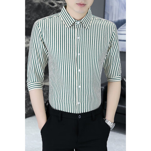 
Summer striped short-sleeved shirt men's 2025 new high-end light luxury shirt trendy brand handsome five-point mid-sleeved inch shirt 9-719 [Black] XL