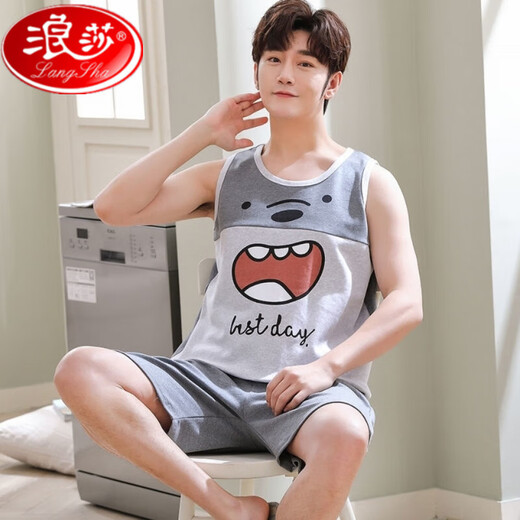 Langsha Vest Pyjamas Herren Sommer Baumwollhändler Anzug Fett große Kinder 12-13-15-jährige Teenager Sommer-Heimkleidung hellblau 1283 m Teenager Version (55-65jin [Jin ist gleich 0,5 kg])