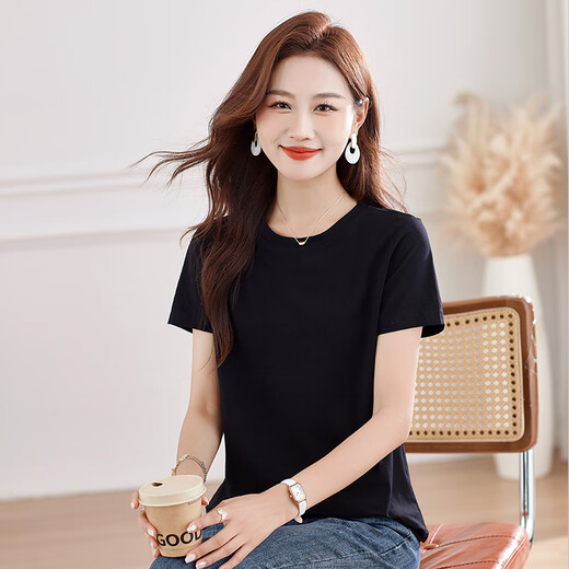 QLHX same style for women's summer pure cotton short-sleeved slim shirt in the mall. WL6623 black [print] official flagship store M