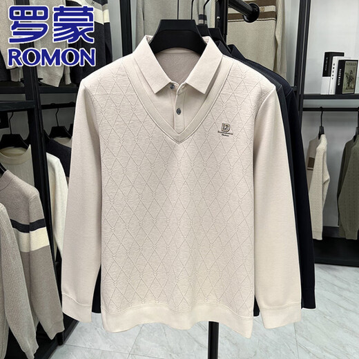 Pull de pull pour hommes Romon haut de gamme Sweater plus en velours de Velvet Chemise intégrée Base de revers décontractée d'âge moyen Base beige 2xl