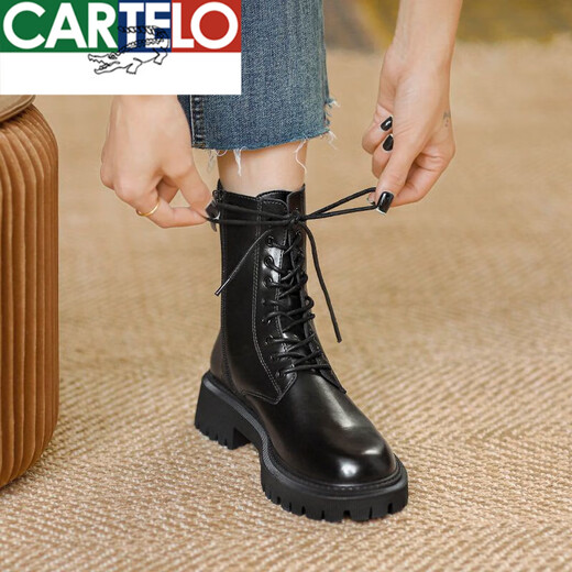 CARTELO True Soft Leather Martin Boots Women's British Style 2025 New Spring and Autumn Fleece Brown Thick-soled Short Boots Motorcycle Boots Black Single Li 37