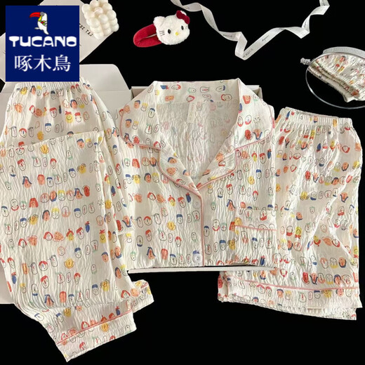 Woodpecker Summer HelloKitty Pajamas Women's Three-Piece Set Pure Cotton Gauze Cute Cartoon Short-Sleeved Home Suit Summer Cloud Cotton-9902# Star KT Cat Three-Piece Set M [Suggested 75-100Jin [Jin equals 0.5 kg]]