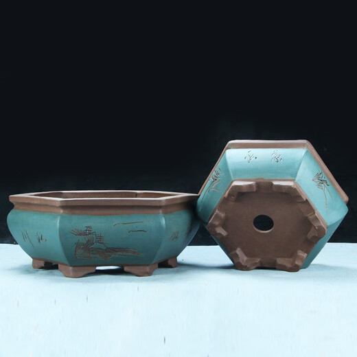 
Six-party engraved purple clay flower pot breathable green plants flowers and ceramic potted large diameter hexagonal bonsai pot 693 small red