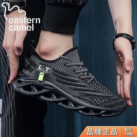 东方骆驼大码男鞋夏季新款舒适网面鞋增高缓震飞织运动鞋潮流百搭鞋子男 黑色 43