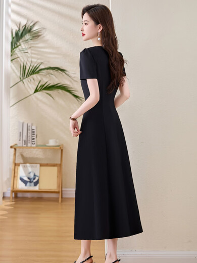 NOSSKISS luxury high-end brand chiffon dress for women 2025 summer new slim waist-hugging and slimming age-reducing belly-covering skirt Black M