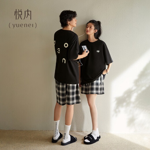 Yuenei Couple Pajamas Ladies with Breast Pad Summer Summer Pure Cotton Short Sleeve Shorts Home Clothes Men's Plaid Fashion Casual 33140 Casual Black-Men's XL (Male 140-160 Jin Jin equals 0.5 kg / Female 120-140 Jin Jin equals 0.5 kg)