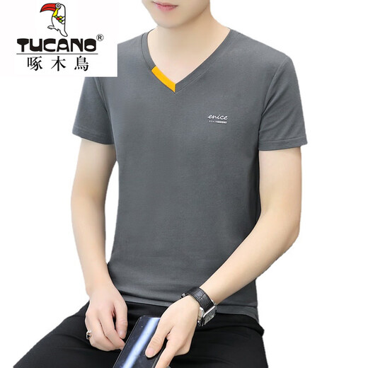 
Woodpecker 2025 new Xinjiang pure cotton men's short-sleeved T-shirt base shirt V-neck T-shirt trendy half-sleeved summer top 691 white M