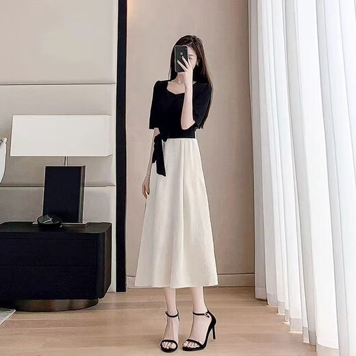 Aemape High-End-Schwarz-Spleißkleid für Frauen 2025 Sommer Neue Mode-Taille und schlanker gefälschter zweiteiliger A-Line-Rock Schwarz S [Empfohlen 90-100 Jin [Jin gleich 0,5 kg]]