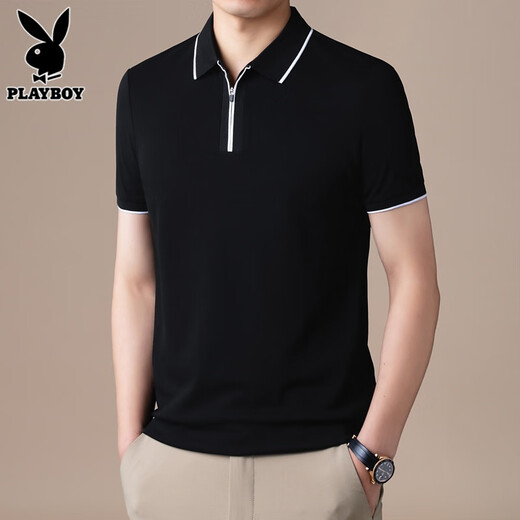 花花公子（PLAYBOY）高端半拉链Polo衫男士短袖t恤夏季新款宽松冰丝半袖上衣服男T舒适 FYMB9276草绿色 L 【111-120斤】