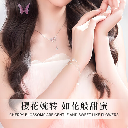 Lao Fengxiang Pure Silver Cherry Blossom Necklace for Girls Sweet Bracelet Pendant Set Practical Birthday Gift for Girlfriends JD.com Ships from Bakura *Same Day/Next Day-Sakura Necklace Bracelet Set