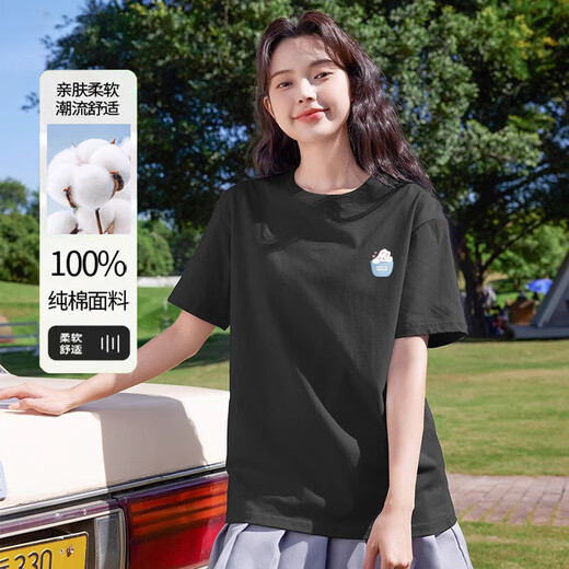 220克纯棉2025冰川蓝短袖t恤女夏季内搭t恤甜美学生上衣B701YL 1692黑色 2XL