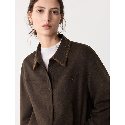 ELLE Retro Sheep Wool Embroidered Lapel Shirt Women's 2025 Winter New Design Loose Niche Shirt Brown M