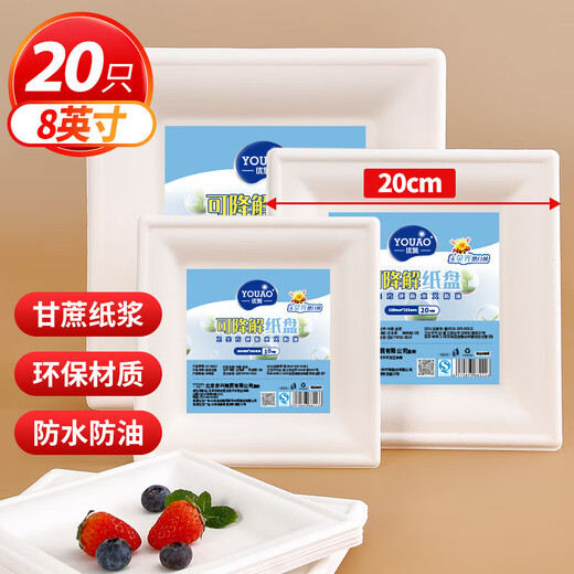 Youao disposable plates square 8 inches (pack of 20) large biodegradable paper plates outdoor barbecue tableware no wash